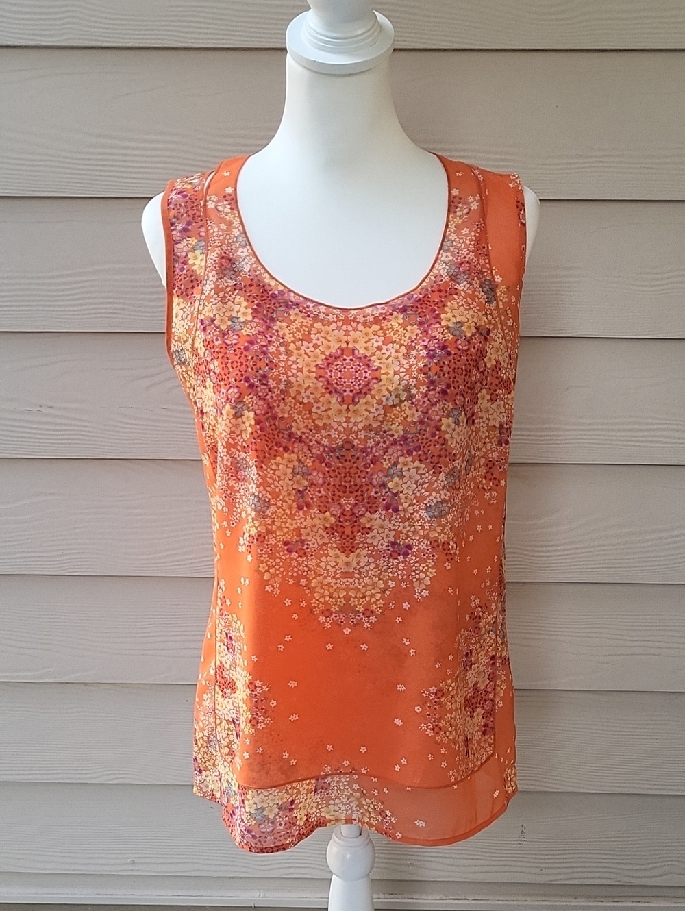 Cabi Orange Floral Sleeveless Blouse Size Small Lightweight Layered Tank Top